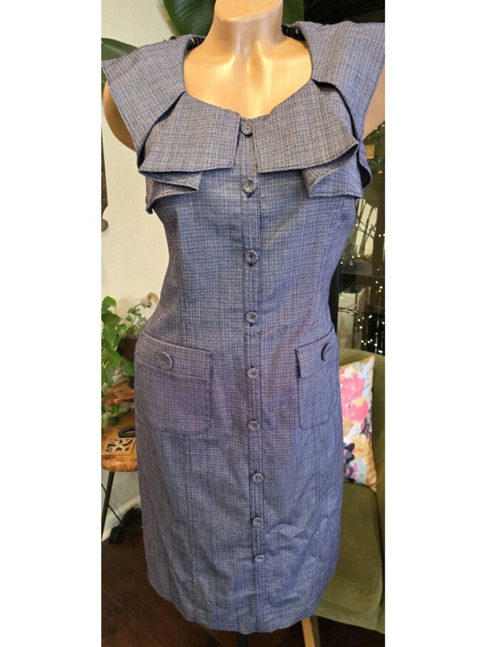 VTG Kay Unger New York Blue Plaid Sheath Dress Size 4 Ruffle Collar Button Front